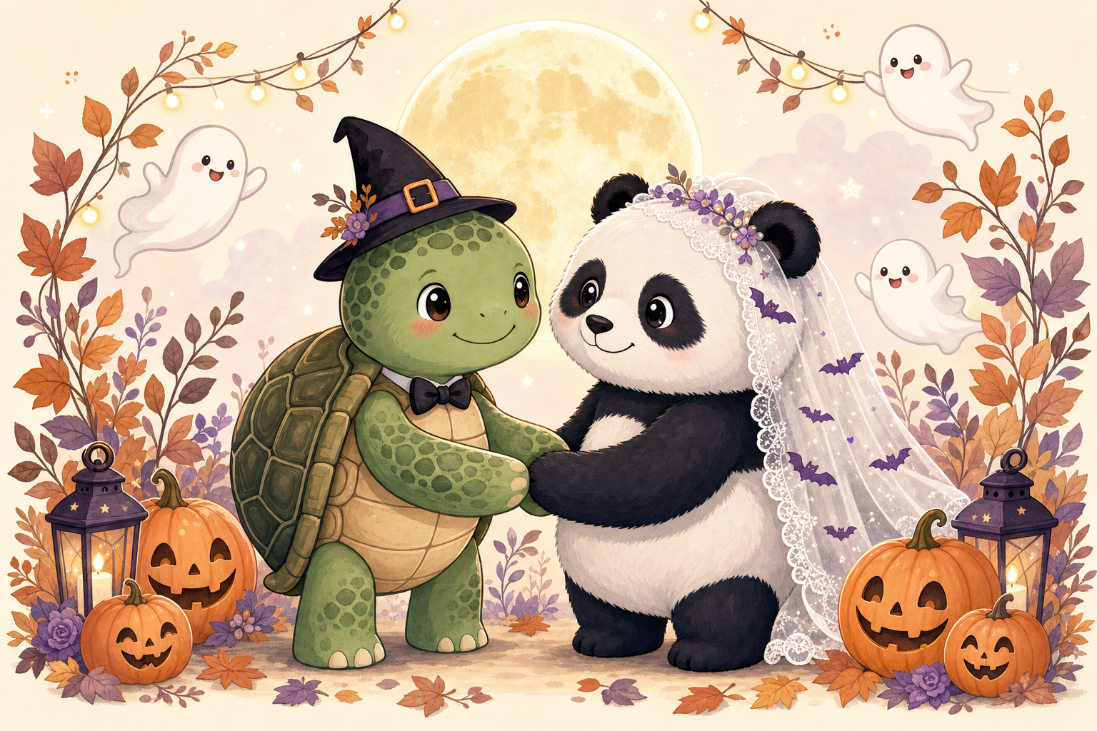 A smiling sea turtle in a bow tie and witch hat holding hands with a panda in a lace veil, under a full moon surrounded by friendly ghosts and jack-o-lanterns.